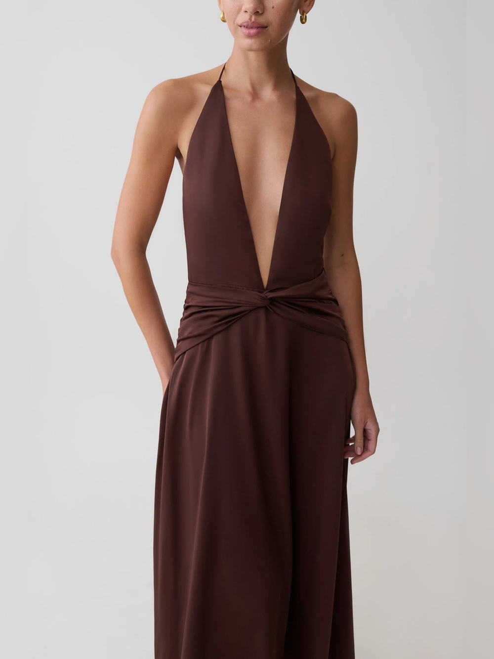 Meshki Cyra Plunge Halter Satin Midi Dress Dark Chocolate Size XS NWT - Picture 2 of 12